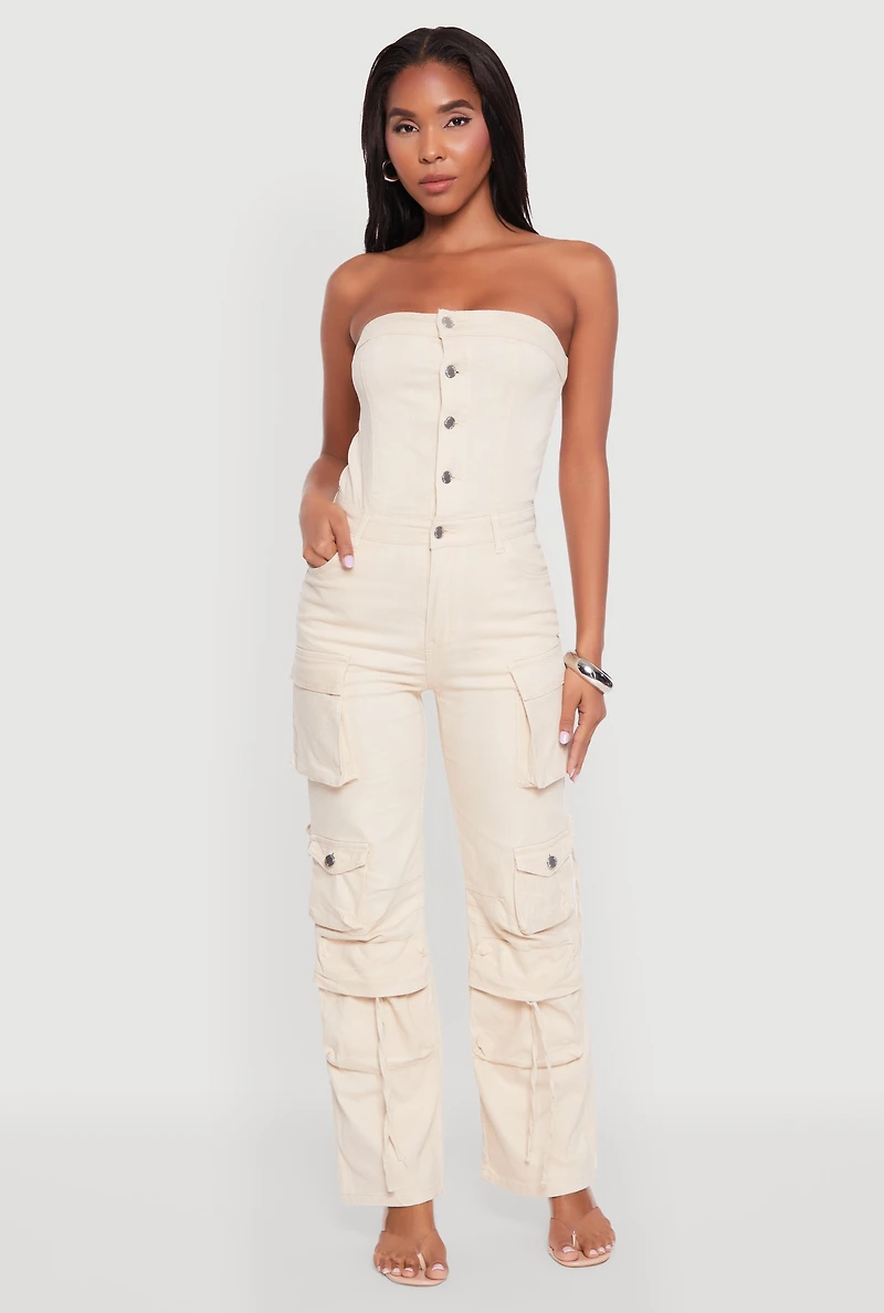 Womens Daisy Denim Strapless Flare Jumpsuit with Cargo Pockets,