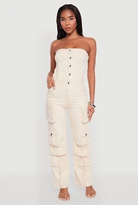 Womens Daisy Denim Strapless Flare Jumpsuit with Cargo Pockets,