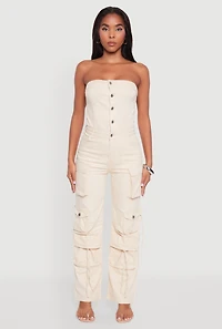 Womens Daisy Denim Strapless Flare Jumpsuit with Cargo Pockets,