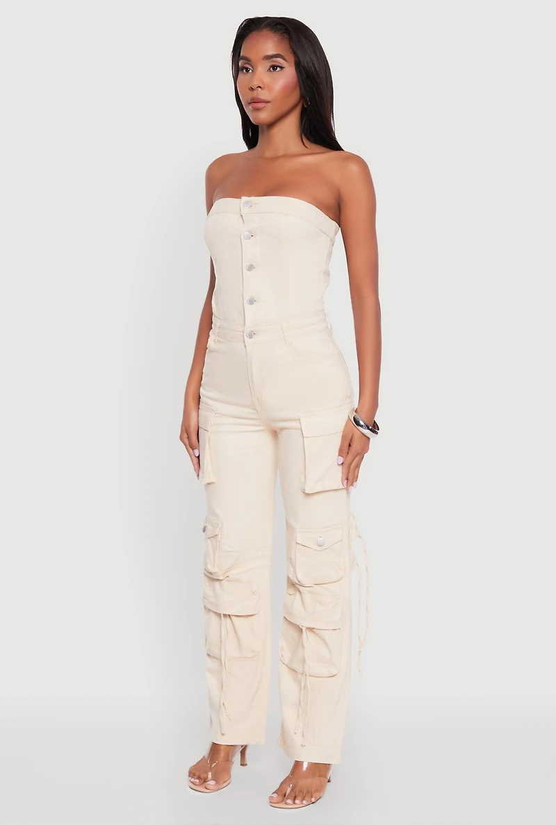 Womens Daisy Denim Strapless Flare Jumpsuit with Cargo Pockets,