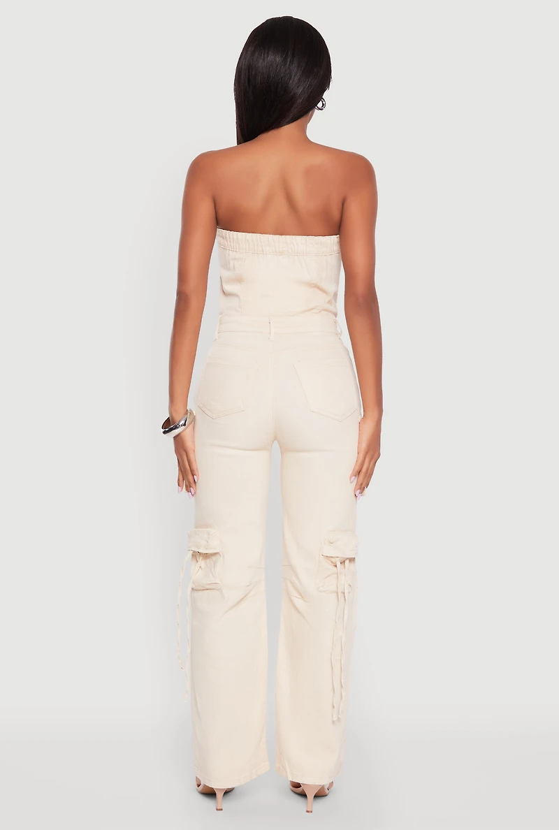Womens Daisy Denim Strapless Flare Jumpsuit with Cargo Pockets,