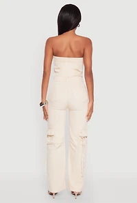 Womens Daisy Denim Strapless Flare Jumpsuit with Cargo Pockets,