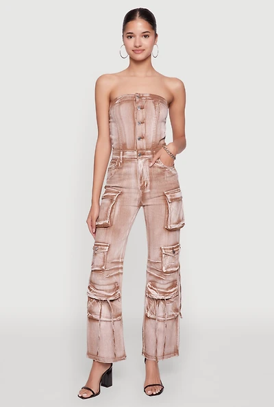 Daisy Denim Strapless Flare Jumpsuit with Cargo Pockets