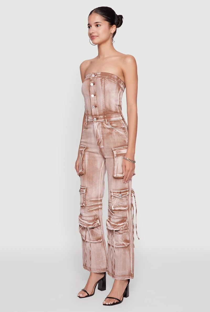 Daisy Denim Strapless Flare Jumpsuit with Cargo Pockets