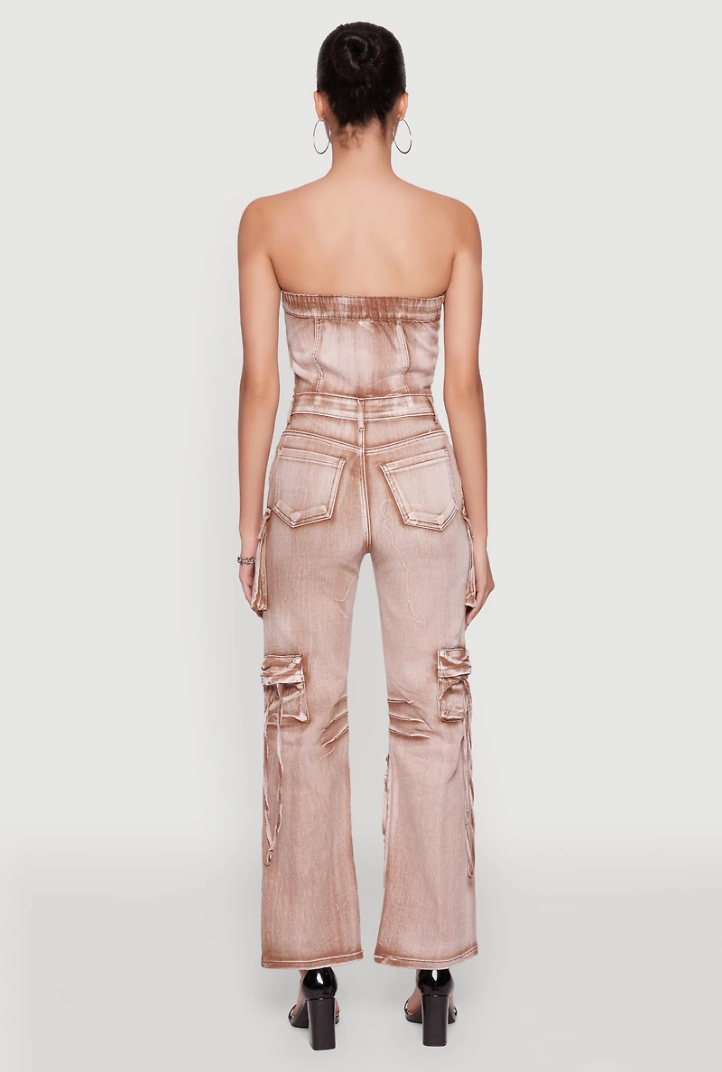 Daisy Denim Strapless Flare Jumpsuit with Cargo Pockets