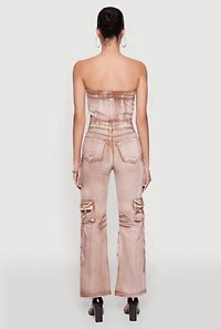 Daisy Denim Strapless Flare Jumpsuit with Cargo Pockets