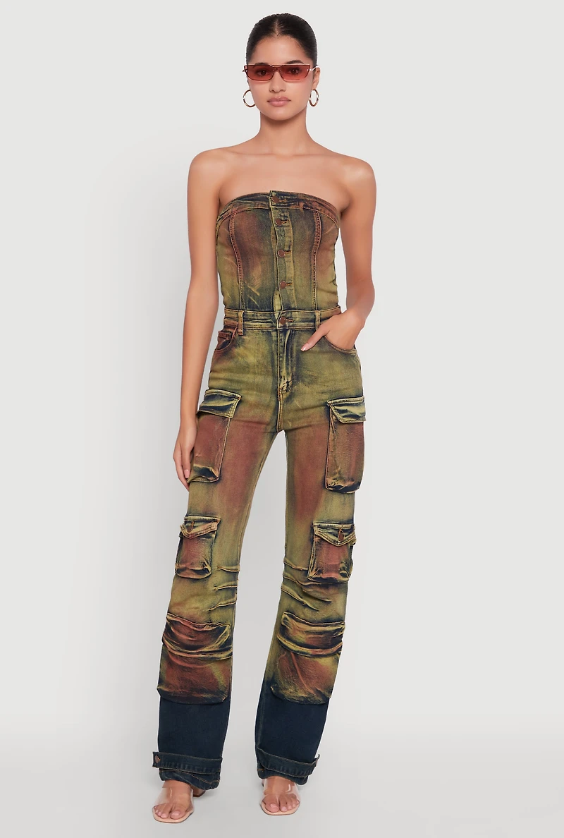 Womens Acid Wash Button Front Tube Utility Jumpsuit, Multi,