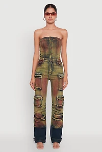 Womens Acid Wash Button Front Tube Utility Jumpsuit, Multi,