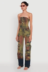 Womens Acid Wash Button Front Tube Utility Jumpsuit, Multi,
