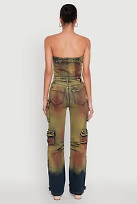 Womens Acid Wash Button Front Tube Utility Jumpsuit, Multi,