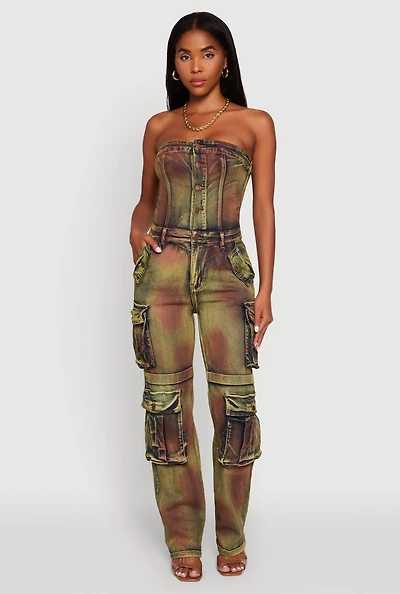 Womens Tie Dye Acid Wash Denim Utility Tube Jumpsuit, Multi,
