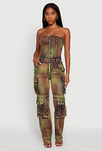 Womens Tie Dye Acid Wash Denim Utility Tube Jumpsuit, Multi,