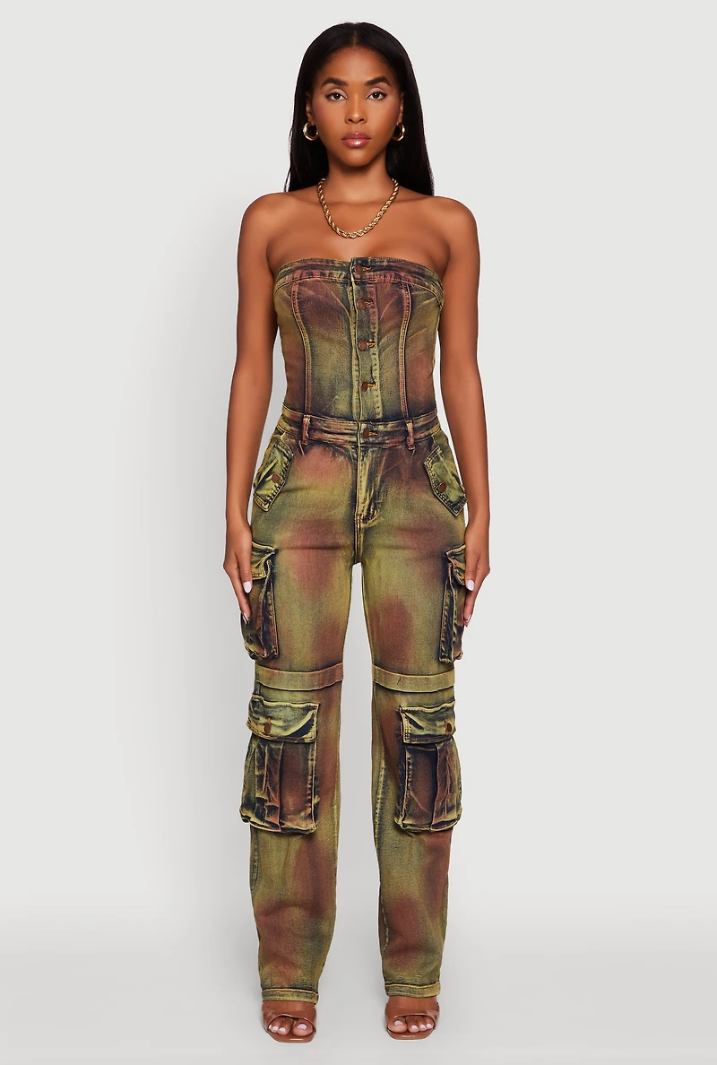 Tie Dye Acid Wash Denim Utility Tube Jumpsuit