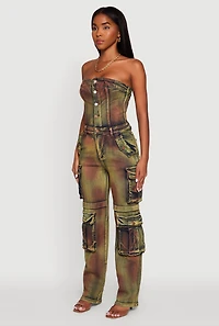 Womens Tie Dye Acid Wash Denim Utility Tube Jumpsuit, Multi,