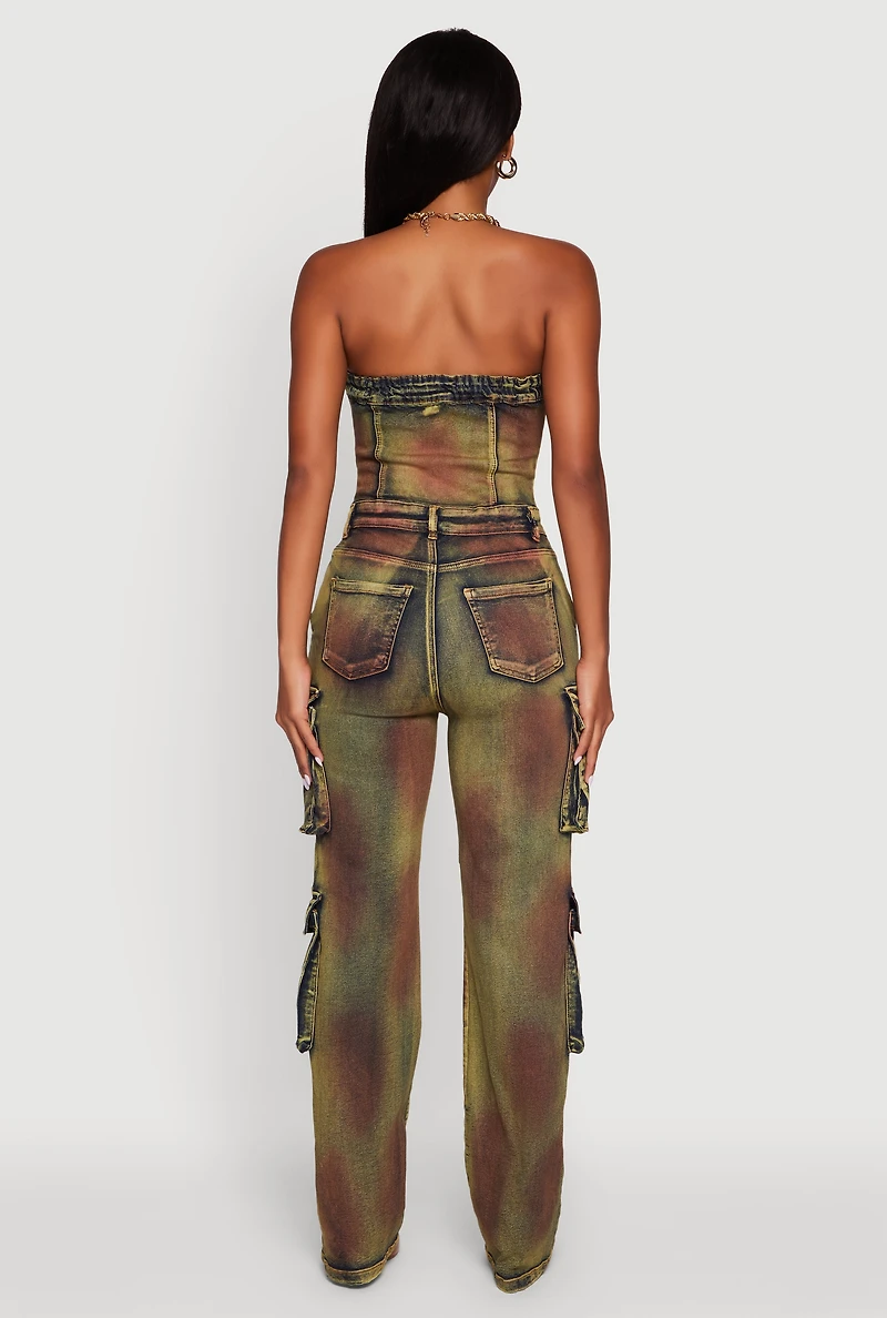 Womens Tie Dye Acid Wash Denim Utility Tube Jumpsuit, Multi,