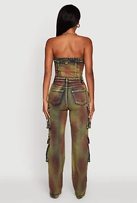Womens Tie Dye Acid Wash Denim Utility Tube Jumpsuit, Multi,