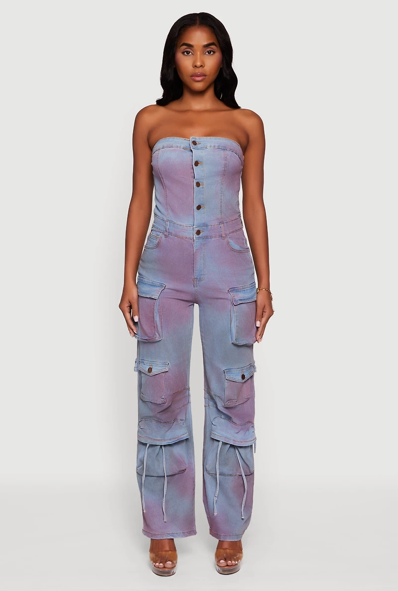 Womens Mineral Wash Denim Cargo Pocket Jumpsuit, Blue,