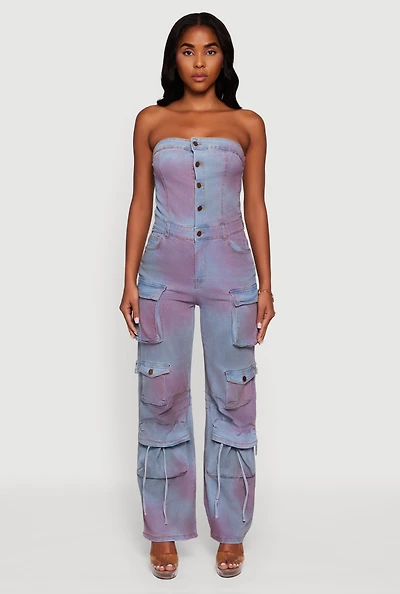 Womens Mineral Wash Denim Cargo Pocket Jumpsuit, Blue,