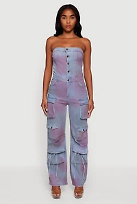 Womens Mineral Wash Denim Cargo Pocket Jumpsuit, Blue,