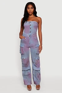 Womens Mineral Wash Denim Cargo Pocket Jumpsuit, Blue,
