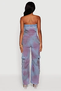 Womens Mineral Wash Denim Cargo Pocket Jumpsuit, Blue,