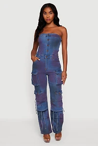 Womens Mineral Wash Denim Cargo Pocket Jumpsuit, Blue,