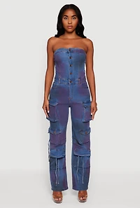 Womens Mineral Wash Denim Cargo Pocket Jumpsuit, Blue,