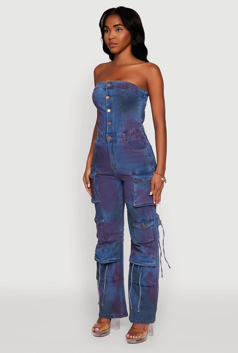 Womens Mineral Wash Denim Cargo Pocket Jumpsuit, Blue,