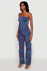 Womens Mineral Wash Denim Cargo Pocket Jumpsuit, Blue,