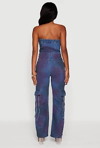 Womens Mineral Wash Denim Cargo Pocket Jumpsuit, Blue,
