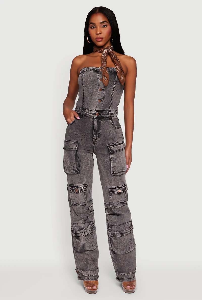 Womens Acid Wash Strapless Button Front Utility Jumpsuit, Grey, Size M