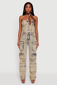 Acid Wash Strapless Button Front Utility Jumpsuit