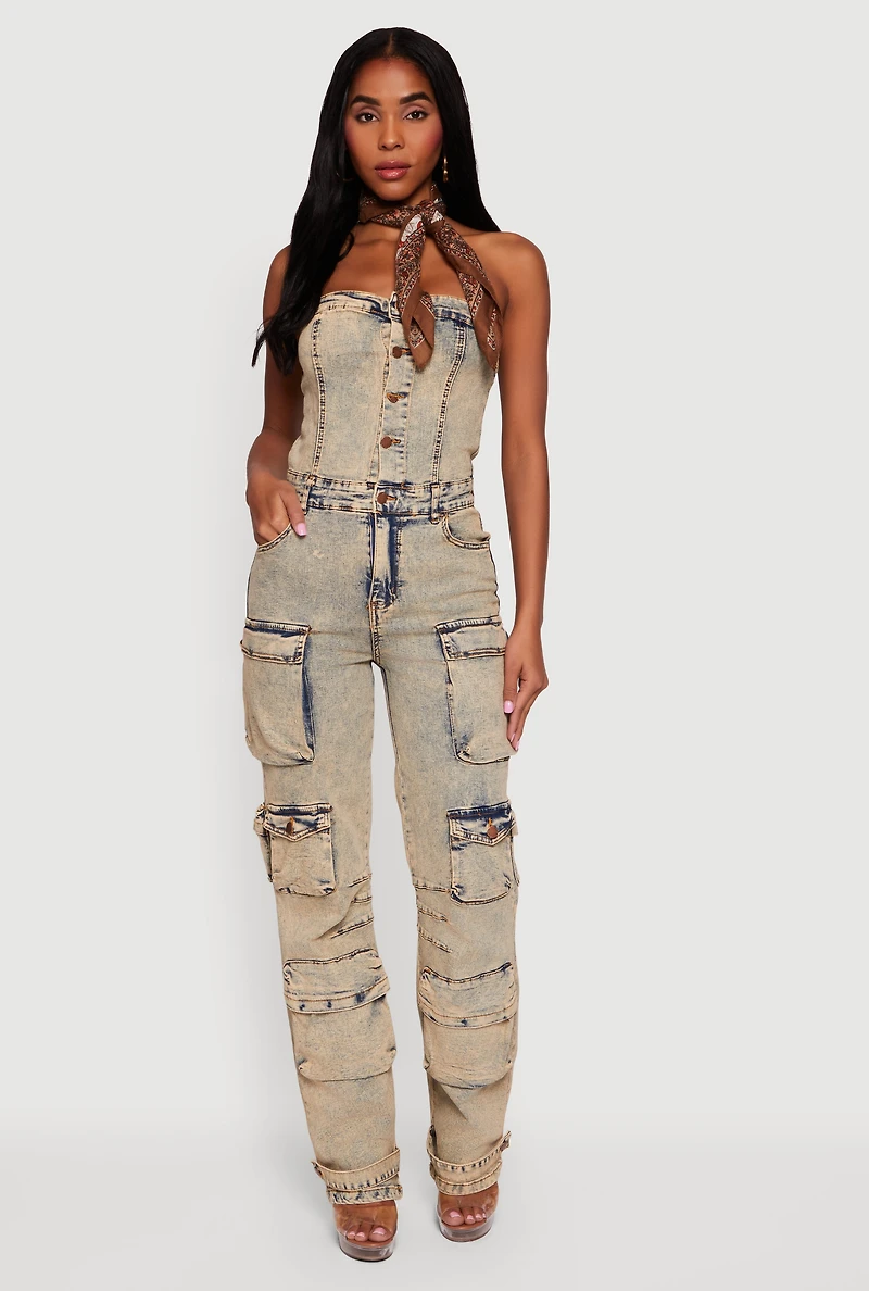 Womens Acid Wash Strapless Button Front Utility Jumpsuit, Beige, Size M