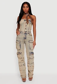 Womens Acid Wash Strapless Button Front Utility Jumpsuit, Beige, Size M