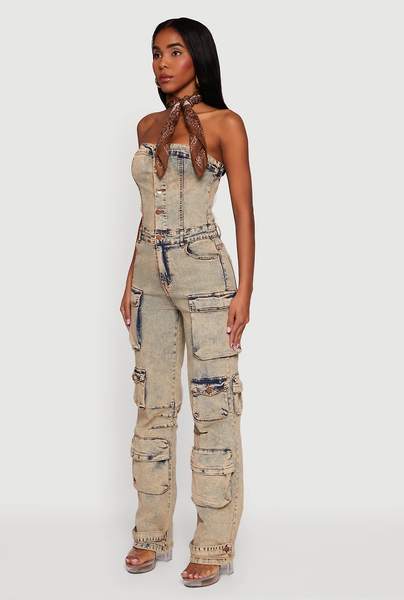 Acid Wash Strapless Button Front Utility Jumpsuit
