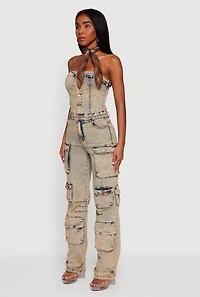 Acid Wash Strapless Button Front Utility Jumpsuit
