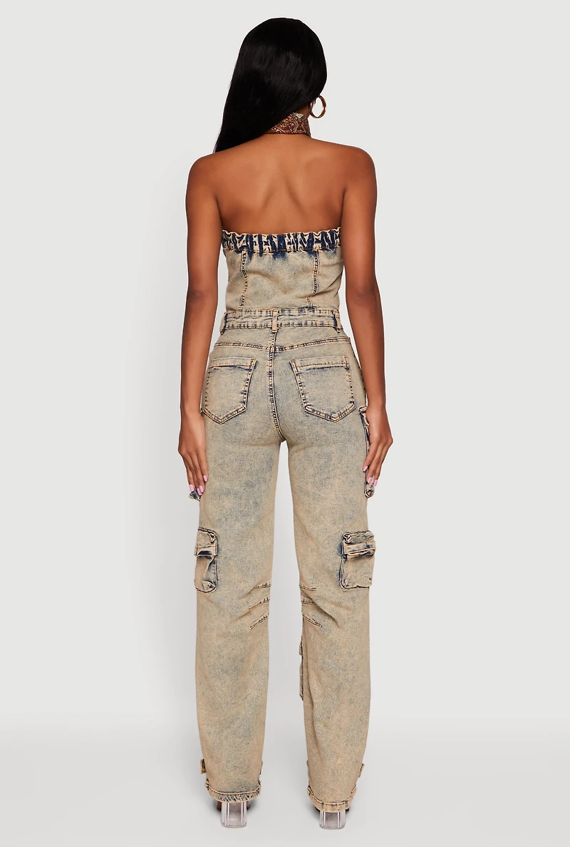 Acid Wash Strapless Button Front Utility Jumpsuit