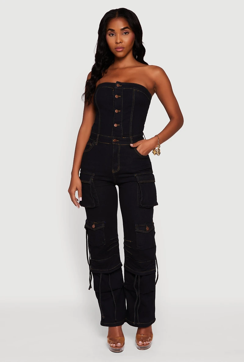 Womens Denim Button Front Utility Jumpsuit, Black,