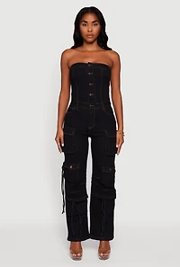 Womens Denim Button Front Utility Jumpsuit, L