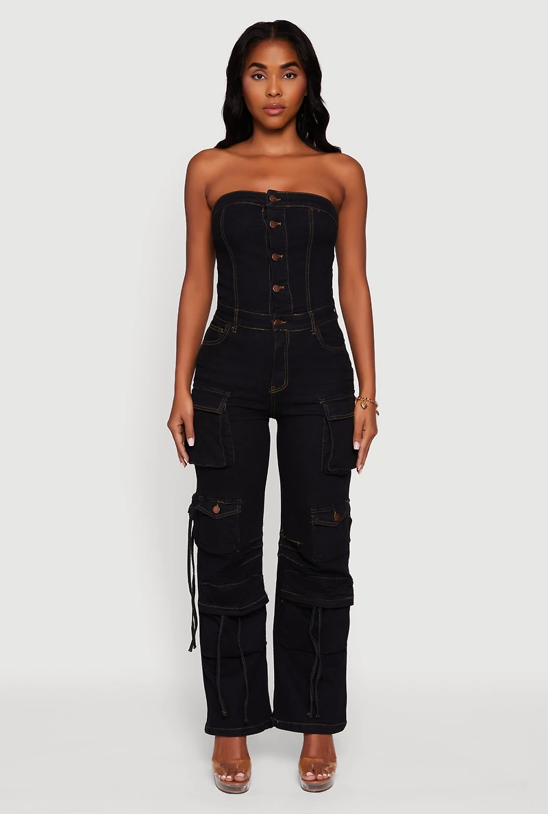 Womens Denim Button Front Utility Jumpsuit, Black,