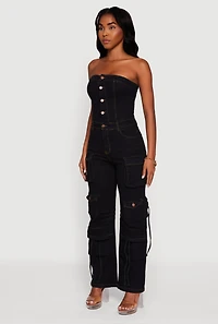 Womens Denim Button Front Utility Jumpsuit, Black,