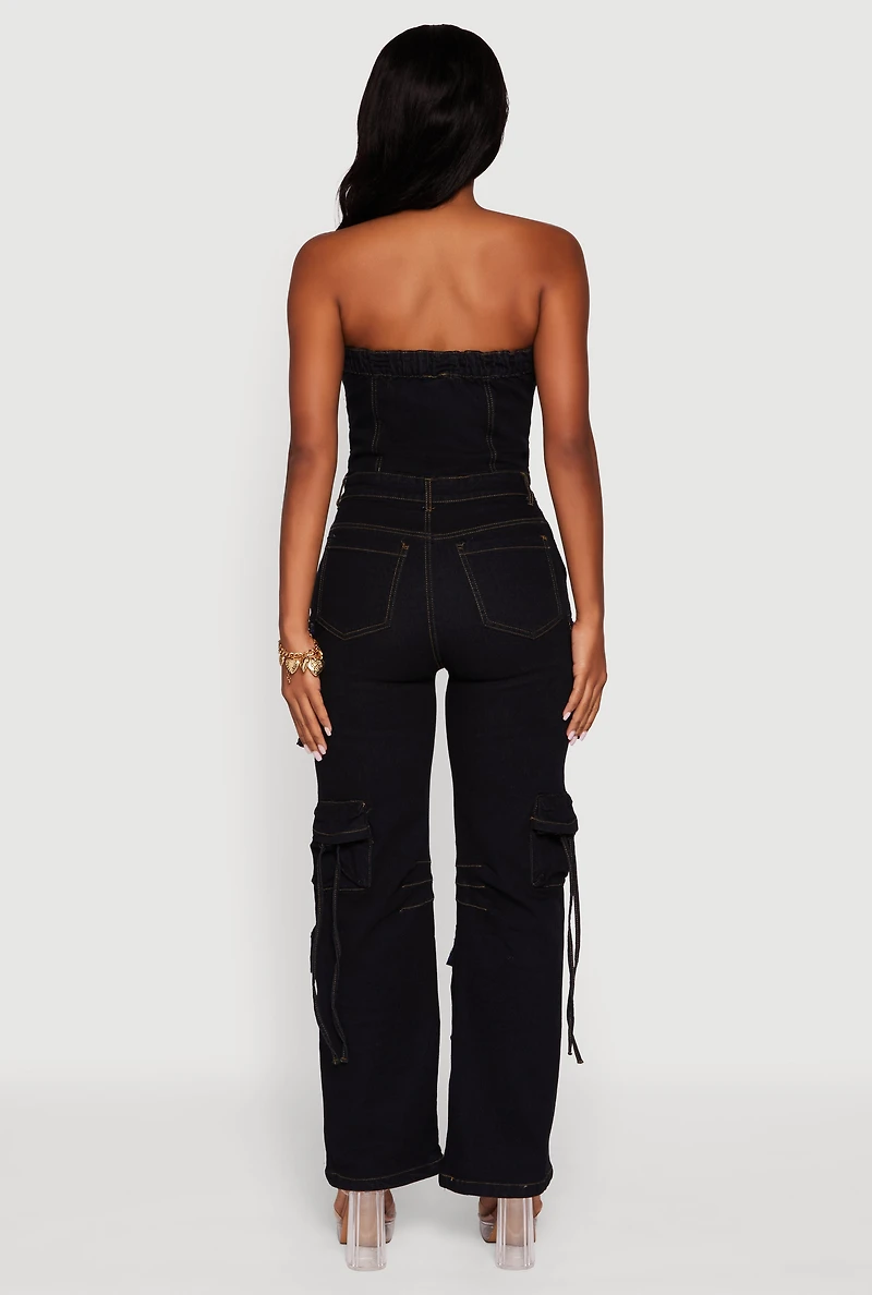 Womens Denim Button Front Utility Jumpsuit, L