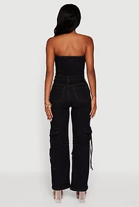Womens Denim Button Front Utility Jumpsuit, Black,