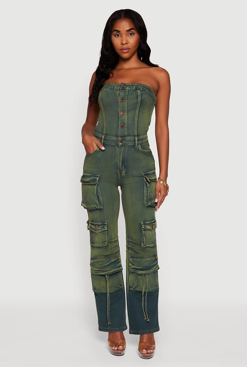 Womens Denim Button Front Utility Jumpsuit, Green, Size L