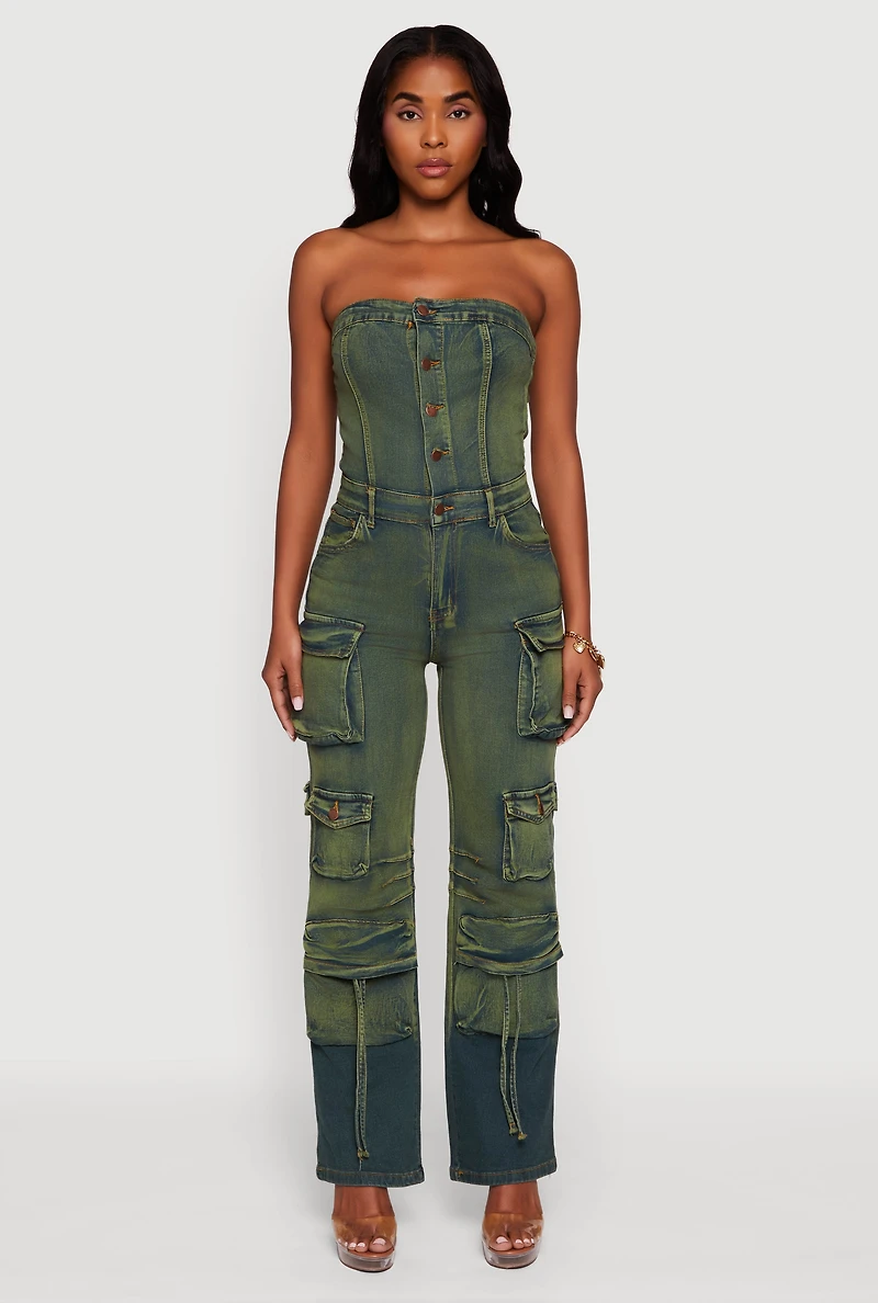Womens Denim Button Front Utility Jumpsuit, Green, Size L