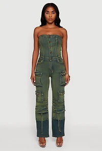 Womens Denim Button Front Utility Jumpsuit, Green, Size L