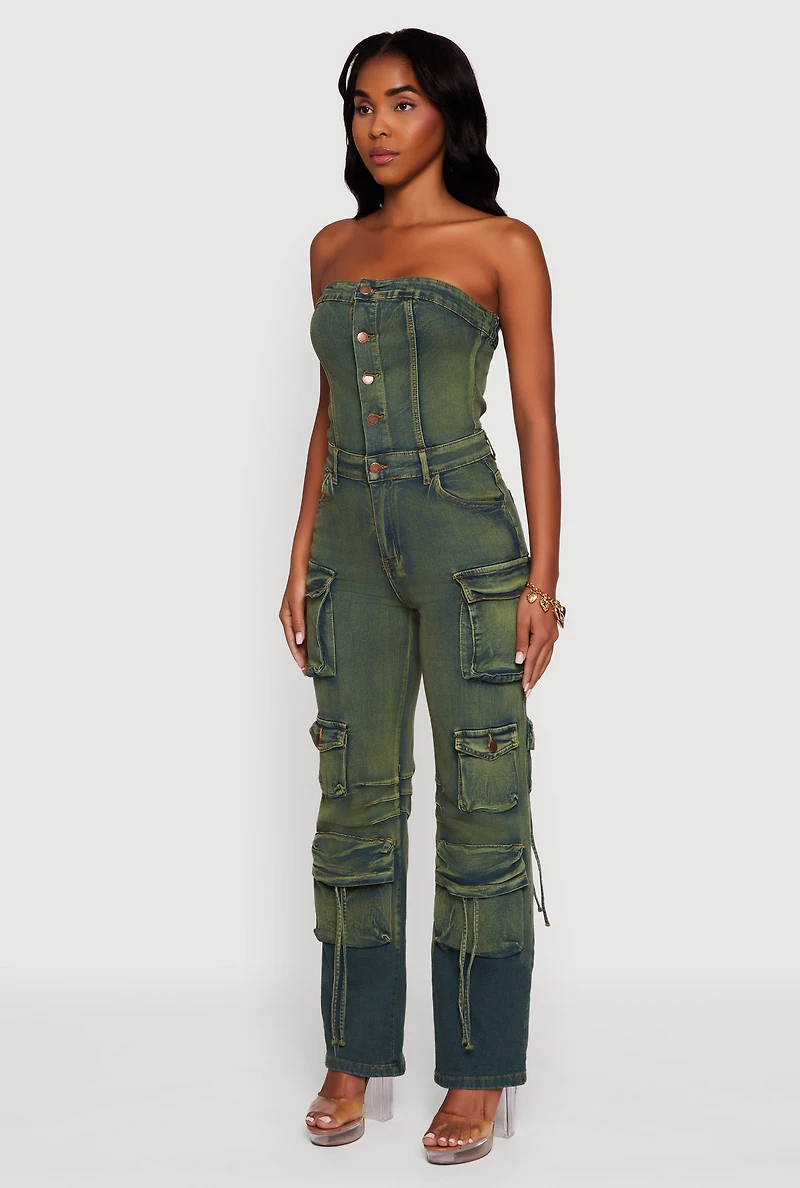 Womens Denim Button Front Utility Jumpsuit, Green, Size L