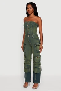 Womens Denim Button Front Utility Jumpsuit, Green, Size L