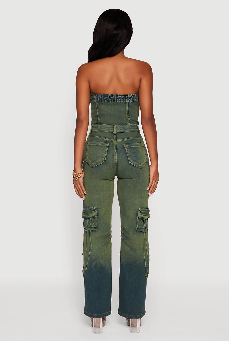 Womens Denim Button Front Utility Jumpsuit, Green, Size L