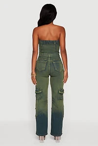 Womens Denim Button Front Utility Jumpsuit, Green, Size L